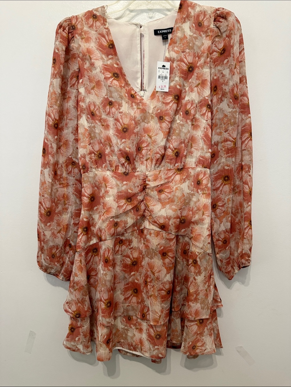 Express Coral Floral Long Sleeve Wrap Dress